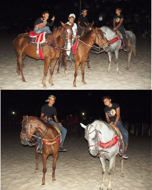 Felipe e Viviane montados em cavalos elegantes.
