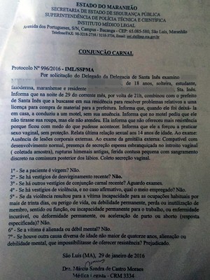 Laudo de exame de conjunção carnal feito em jovem que acusa prefeito de estupro (Foto: Policia Civil)